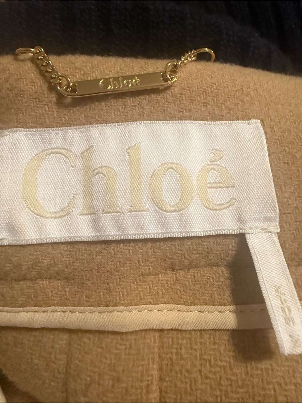 CHLOE women’s Tan Cape Jacket with Navy Trim - Picture 7 of 12